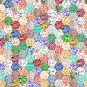 May include: A seamless pattern of colorful hexagonal tiles with gold outlines. The tiles are made of various materials, including marble, wood, and glitter. The pattern is perfect for adding a touch of glamour to any space.