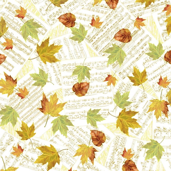 EOB~s Treasures~Autumn Symphony~Leaves on Music Notes w/ Metallic Gold -Cream-Cotton Fabric by the Yard or Select Length CM8523-CREAM