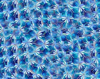 May include: A seamless pattern of blue and white watercolor flowers. The flowers are stylized and abstract, with a variety of shapes and sizes. The background is a light blue color.