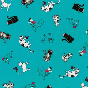 Robert Kaufman~Fancypants~Cats~Teal Blue~Cotton Fabric by the Yard or Select Length AWUD22084403
