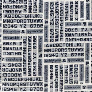 May include: A repeating pattern of black letters, numbers, and symbols on a light beige background. The design includes uppercase and lowercase alphabets, numbers, and the ampersand symbol. The text is arranged in horizontal and vertical rows.