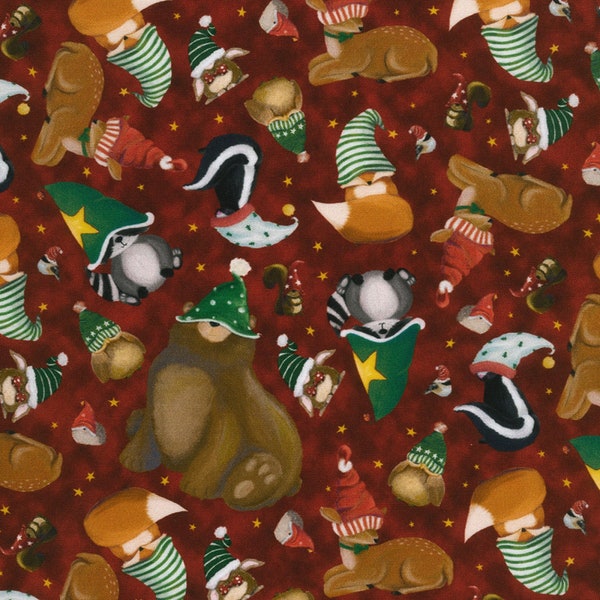 Robert Kaufman~Gnomeland Critters~Animals~Red~Cotton Fabric by the Yard or Select Length SRKD219263