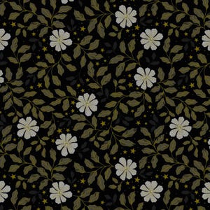 Könnte beinhalten: Nahtloses Muster mit weißen Blumen, olivgrünen Blättern und goldenen Sternen auf schwarzem Hintergrund. Das florale Design wiederholt sich und erzeugt ein reichhaltiges und detailliertes Muster. Geeignet für Stoff oder Tapeten.