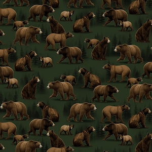 May include: A seamless pattern featuring brown bears of various sizes and poses on a dark green background. The bears are depicted in a realistic style, with detailed fur and facial features.