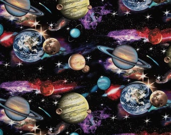 Elizabeth's Studio In Space Space Universe Tissu de coton noir par mètre ou longueur choisie 1297E-BLK