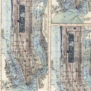 Puede incluir: Mapa antiguo de Manhattan, Nueva York, con una detallada cuadrícula de calles, vías fluviales y áreas etiquetadas. El mapa está en tonos azules, beige y rojos, con el texto "Manhattan City of New York" visible.