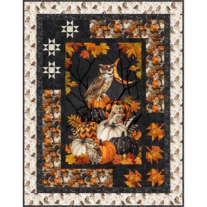 May include: A rectangular quilt featuring a central panel of owls perched on pumpkins amidst autumn leaves and a crescent moon. The border includes star blocks, pumpkin patterns, and a light-colored outer frame with small owl motifs throughout.