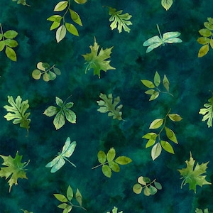 May include: A watercolor pattern featuring various green leaves and two dragonflies scattered across a dark teal background. The leaves include maple, oak, and other foliage, creating a natural, botanical design.