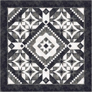 May include: Black and white geometric pattern quilt with a central star design. The quilt is made up of squares and triangles, and the colors are black, white, and gray.