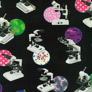 May include: A black and white fabric with a repeating pattern of microscopes and colorful circles. The microscopes are white with black details and the circles have different patterns and colors, including pink, green, blue, and purple.
