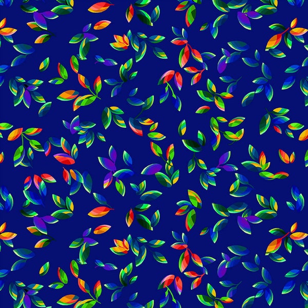 Studio E~Fractal Flowers~Tossed Leaves~Digital Print~Indigo~Cotton Fabric by the Yard or Select Length 6631S-77