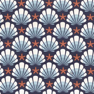 May include: A repeating pattern of stylized seashells and starfish on a dark blue background. The seashells are white with blue and light blue stripes, and the starfish are orange. This nautical design is suitable for fabric or wallpaper.