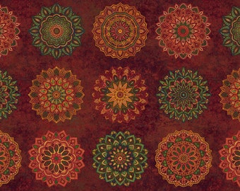 Northcott~Stonehenge Marrakech~24" x 43.5" Mandala Blocks Panel~Red/Multi~Cotton Fabric by the Panel DP26817-24