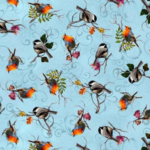 Quilting Treasures~Cornucopia Harvest~Birds~Digital~Blue~Cotton Fabric by the Yard or Select Length 31027-B