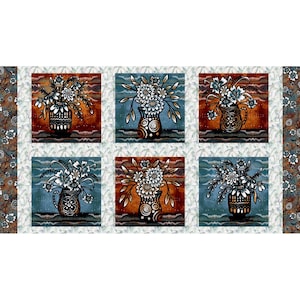 May include: Six square images of floral arrangements in vases with a blue, white, and orange color scheme. The images are arranged in a grid pattern.