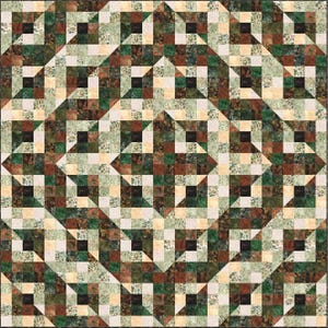 May include: A patchwork quilt with a geometric design. The quilt features squares and triangles in shades of green, brown, beige, and black. The pattern creates a diamond and square motif. The quilt is likely made of cotton or a similar fabric.