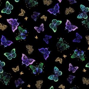 Tesoros atemporales ~ Luminoso ~ Mariposas y puntos con dorado metálico ~ Negro ~ Tela de algodón cortada a medida o seleccione largo CM2990-BLACK