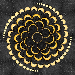 May include: A digital art print featuring a symmetrical floral design composed of yellow crescent shapes and circles against a dark gray, textured background with white speckles. The design has a celestial or cosmic theme.