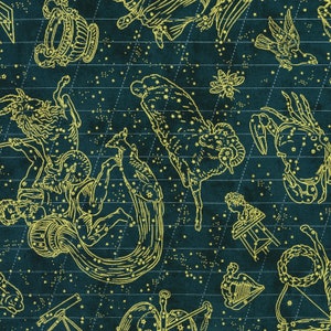 Robert Kaufman ~ Mapas estelares ~ Astrológico con oro metálico ~ Esmeralda (azul verdoso) ~ Tela de algodón cortada a medida o a medida SRKM2146540
