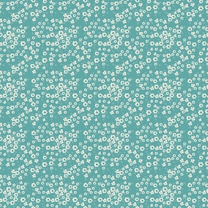 May include: A seamless pattern featuring small white floral designs scattered across a teal background. The flowers are clustered in diagonal rows, creating a textured, all-over print. The design is suitable for fabric or wallpaper.