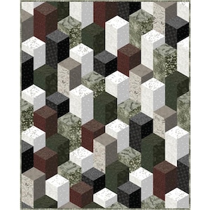 May include: A geometric quilt featuring a repeating pattern of 3D cubes in various colors and textures. The cubes are in shades of white, gray, black, brown, and green, with some featuring floral and dotted patterns. The quilt has a textured appearance.