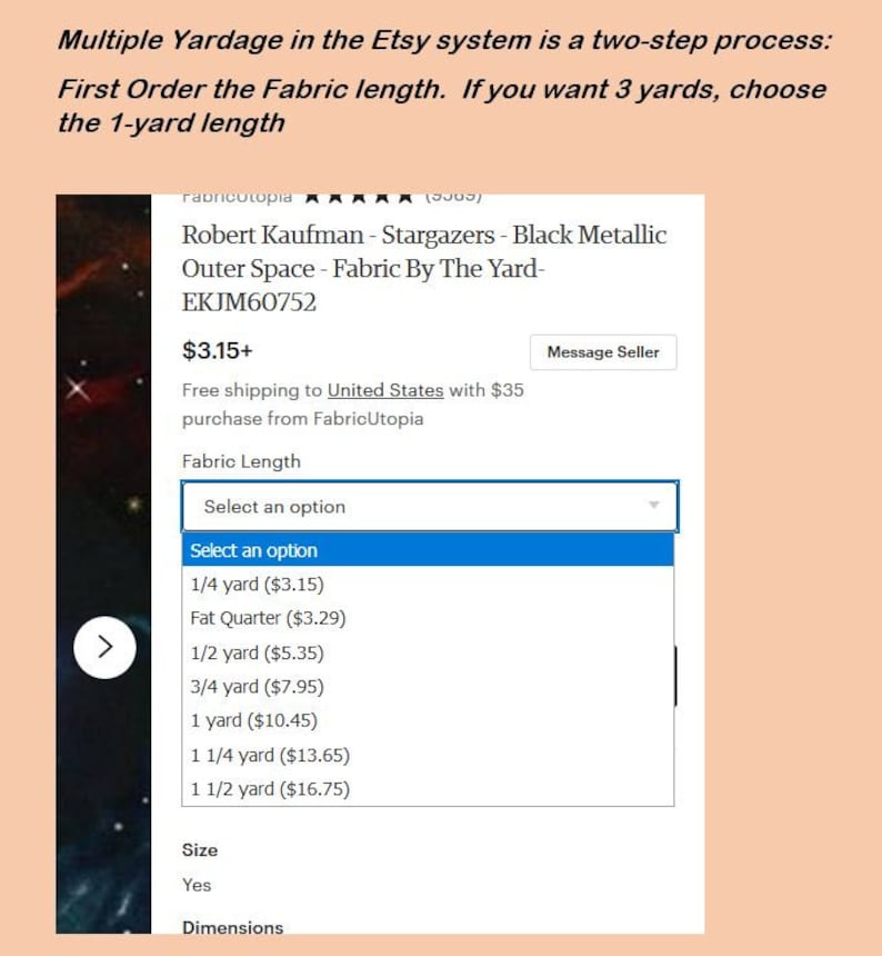 May include: A screenshot of an Etsy listing for Robert Kaufman Stargazers Black Metallic Outer Space fabric by the yard. The listing shows a drop-down menu to select the desired fabric length, with options ranging from 1/4 yard to 1 1/2 yards, and corresponding prices.