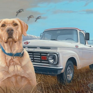 May include: A white Ford pickup truck with a red stripe along the top, parked in a field of tall grass. A yellow Labrador Retriever sits in the foreground, looking towards the truck. Two ducks fly overhead in the blue sky.