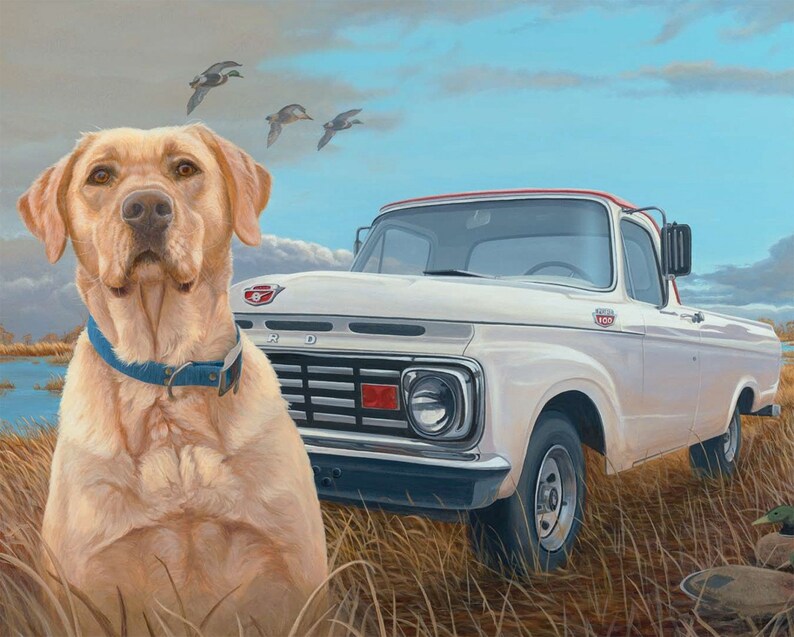 May include: A white Ford pickup truck with a red stripe along the top, parked in a field of tall grass. A yellow Labrador Retriever sits in the foreground, looking towards the truck. Two ducks fly overhead in the blue sky.