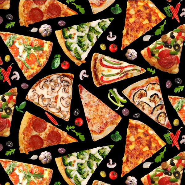 Elizabeths Studio~Favorite Foods~Pizza~Black~Cotton Fabric by the Yard or Select Length 670E-BLACK