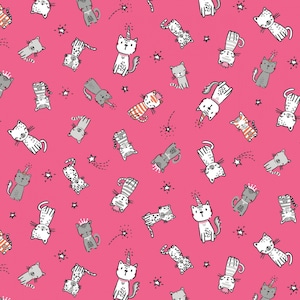 Michael Miller - Meowlogical - Purring Friends - Pink - Cotton Fabric by the Yard or Select Length CX9618-PINK