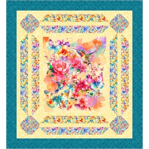 May include: A colorful quilt featuring a central floral design with hummingbirds and butterflies. The quilt has a light yellow background with a teal border. The floral design includes pink, orange, and blue flowers. Decorative patterned strips and corner squares frame the central design.