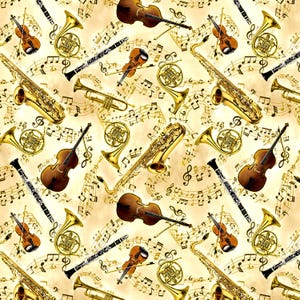 Timeless Treasures~Classical Music~Symphony Instruments w/ Metallic Gold~Gold~Cotton Fabric by the Yard or Select Length CM3237-GOLD
