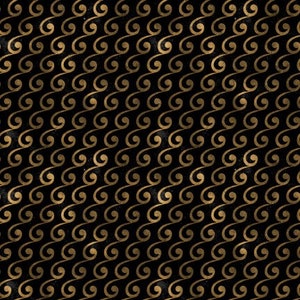 May include: A seamless pattern of gold swirls on a black background. The swirls are arranged in a diagonal pattern, creating a sense of movement and energy.