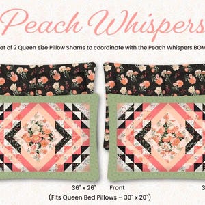 May include: Set of two queen-sized pillow shams with a floral print on the back and a geometric pattern with floral accents on the front. The shams are 36 inches by 26 inches and fit queen-sized bed pillows that are 30 inches by 20 inches.