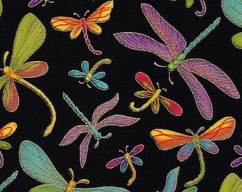 Timeless Treasures~Flight of Fancy~Dragonfly w/ Metallic Gold~Black~Cotton Fabric by the Yard or Select Length M1-BLK