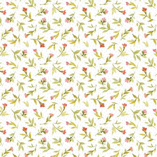 Wilmington Prints~Hummingbird Floral~Watercolor Floral Toss~White~Cotton Fabric by the Yard or Select Length 39831-137