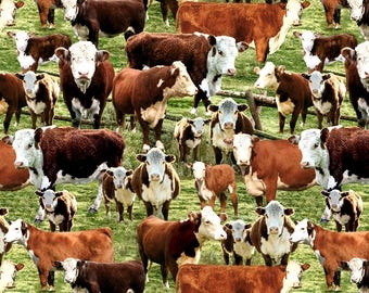May include: A seamless pattern featuring a variety of brown and white cows in a grassy field. The cows are standing and walking in different directions, creating a dynamic and lively scene.