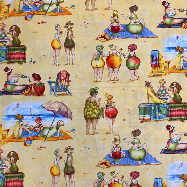 Elizabeths Studio~Fruit Ladies~Beach Scenic~Sand~Cotton Fabric by the Yard or Select Length 1519E-SAND