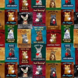 May include: A repeating pattern of colorful squares, each featuring a cat with a coffee cup and humorous text. The squares have various background colors, and the cats are depicted in different poses and colors.