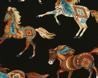 Timeless Treasures~Out West~Horses~Black~Cotton Fabric by the Yard or Select Length C5036-BLK