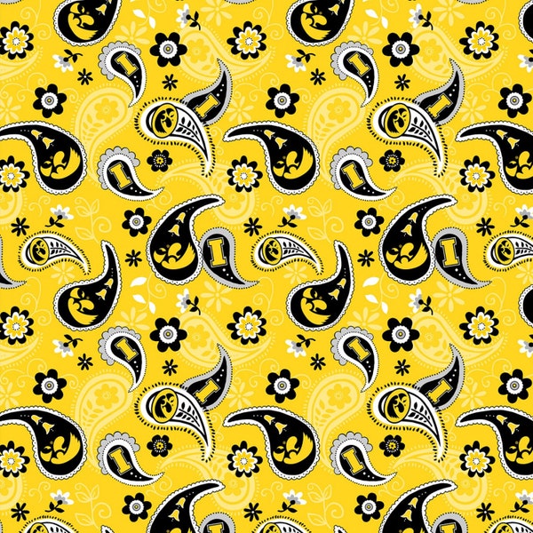 Sykel Enterprises~College Cottons~Iowa Hawkeyes Paisley~Black/Gold~Cotton Fabric by the Yard IA-1200