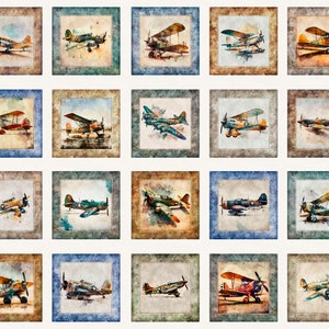 Quilting Treasures~Flying High~36" x 42.5" Airplane Picture Patches Block Panel~Digital~Cream~Cotton Fabric by the Panel 30048-E