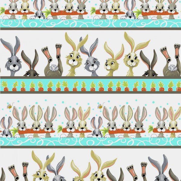 Susybee~Harold the Hare~ Pictorial Stripe~White~Cotton Fabric by the Yard or Select Length SB20374-100