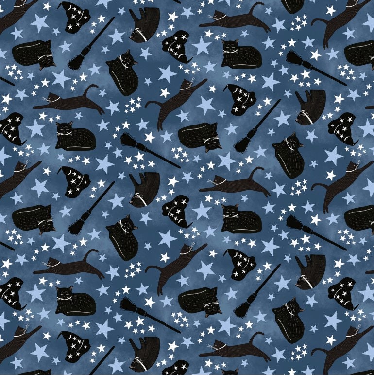 P&B Textiles~Practical Magic~Black Cat Toss~Blue~Cotton Fabric by the Yard or Select Length PMAG5362-B