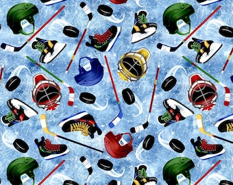 Timeless Treasures Hockey Season Tossed Hockey Equipment Digital Blue Cotton Fabric by the Yard or Select Length CD3057-BLUE