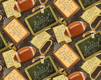 May include: A repeating pattern featuring brown American footballs with white laces, green chalkboards displaying white play diagrams, tan clipboards with black play sketches, and silver whistles attached to tan lanyards on a dark background.
