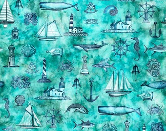 Quilting Treasures Sirens Call Coastal Collage Digital Turquoise Cotton Fabric by the Yard or Select Length 29995-Q