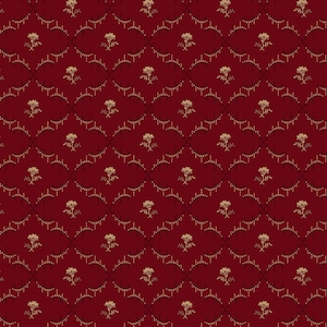 May include: A seamless pattern featuring a deep red background with a repeating floral design. The pattern includes small, stylized flowers in a golden color, arranged within a network of dotted lines and curved shapes.