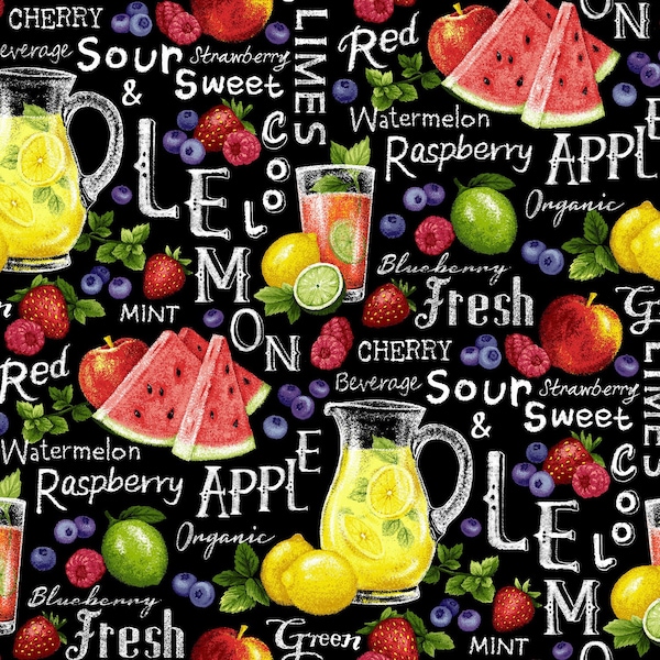 Paintbrush Studio~Farmer Johns Garden Party~Assorted Fruits~Black~Cotton Fabric by the Yard or Select Length 120-13261