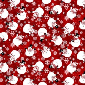 May include: A festive red fabric featuring a repeating pattern of snowmen and snowflakes. The snowmen are white with black top hats, red and white striped scarves, and star-patterned accents. White snowflakes are scattered across the background.